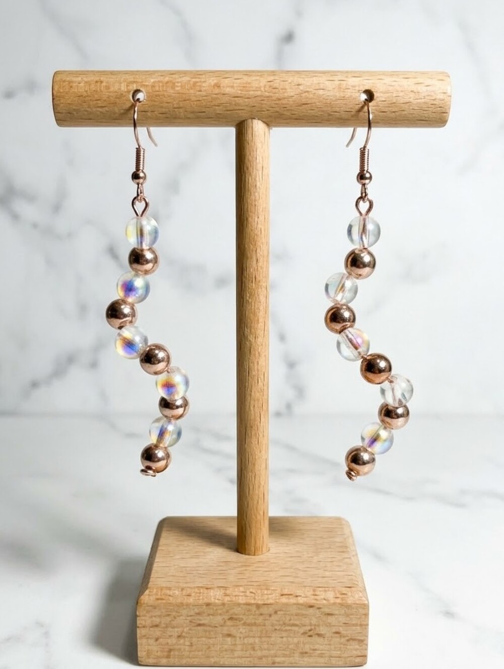 Handcrafted Iridescent Glass & Rose Gold Beaded Wave Dangle Earrings